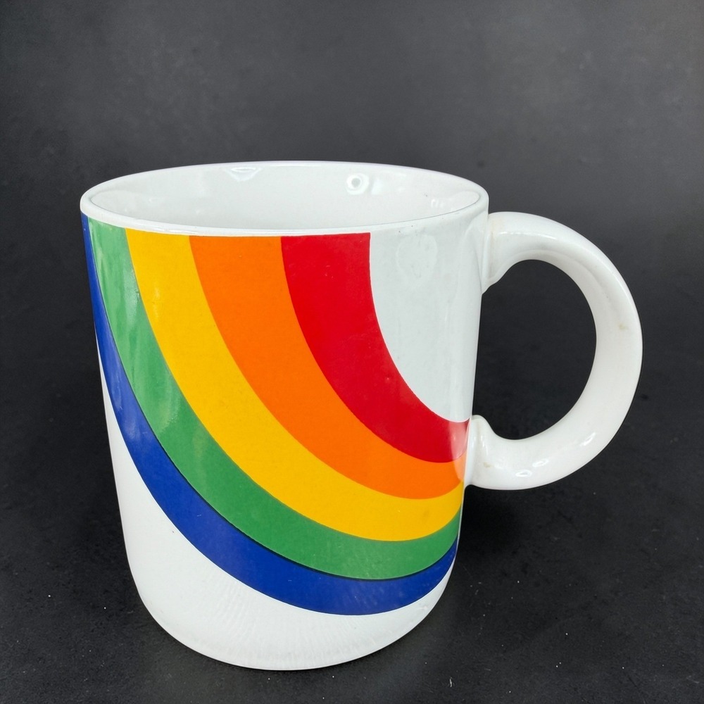 Vintage 1984 FTDA Rainbow Coffee Mug Retro White Ceramic Cup Made in Korea 80s